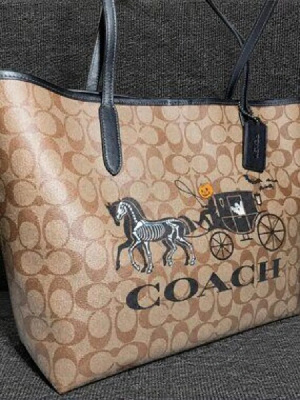 COACH Brown and Black Signature Tote with Halloween Carriage Graphic